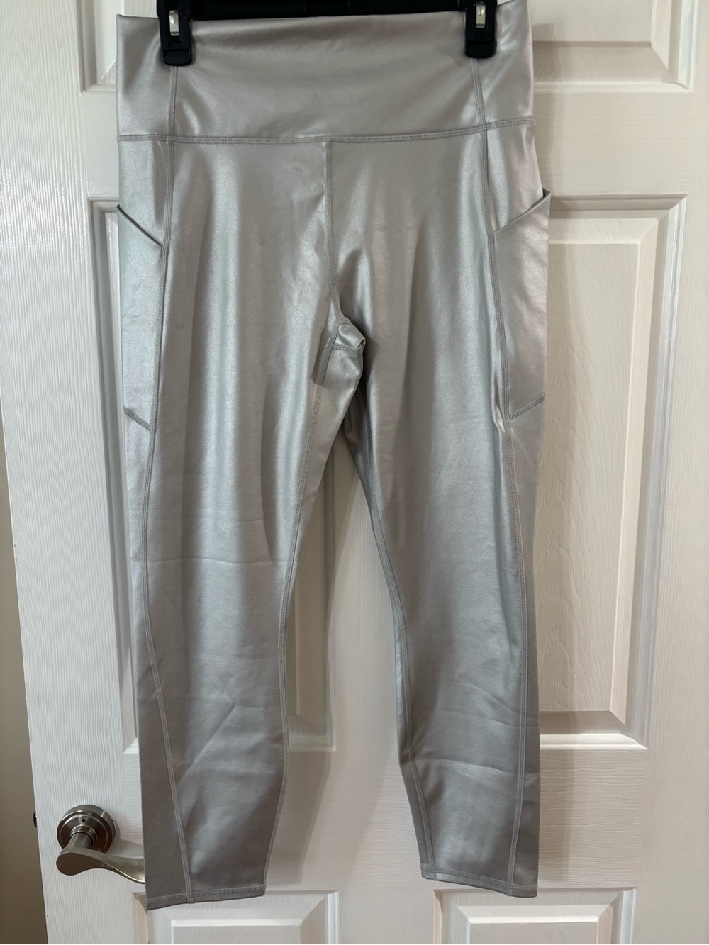 Fabletics Silver Metallic High-Waist Leggings with Side Pockets